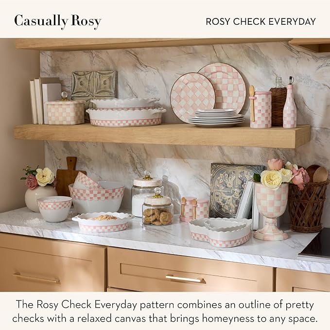 MACKENZIE-CHILDS Everyday Oval Casserole Baker, Cute Oven Baker, Large, Pink-and-White Rosy Check