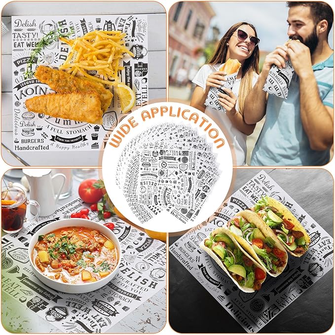 200 Pcs Deli Wax Paper Sheets 15 x 15 Inch Large Newsprint Sandwich Paper Wraps Greaseproof Food Basket Liners Newspaper Wrapping Square for Halloween Christmas Burger Bread BBQ Picnic (White Black)