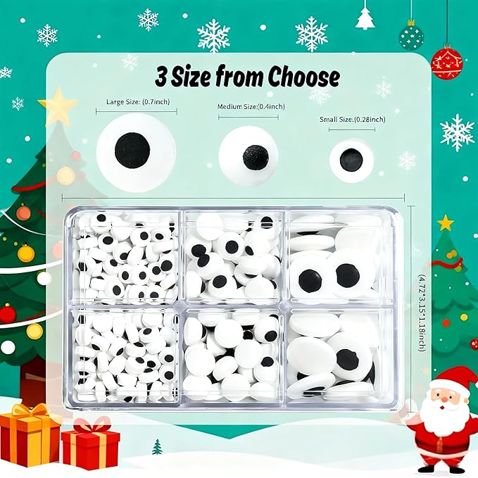 Christmas Candy Sprinkles for Cake Decorating, Festive Snowman & Reindeer Eyes Decorating Supplies for Cookie Baking, Ice Cream, Brownie, Cupcake Toppings, 3 Size Black and White Edible Eyes