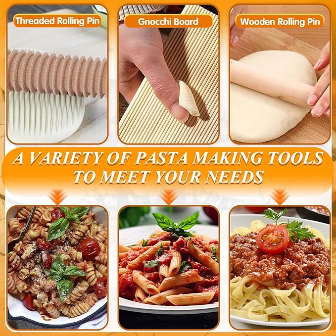 Pasta Making Tools, 9 Piece Wood Pasta Making Kit with 3 Rolling Pins, 1 Pasta Drying Rack, 1 Gnocchi Board, 1 Dough Cutter, 1 Ravioli Cutter, 2 Pasta Stamps, Ravioli Pasta Cutter Set for Pasta Maker