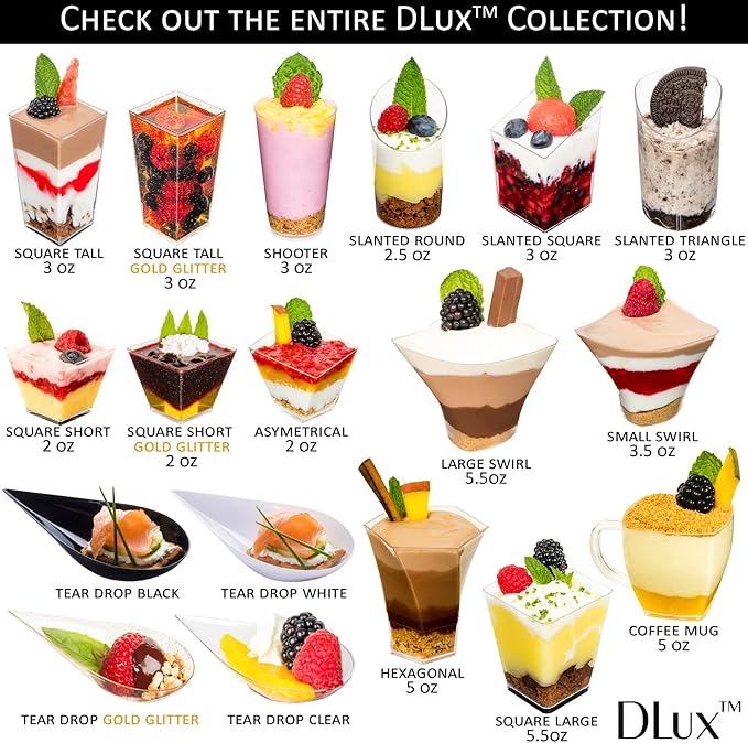 DLux 100 x 3 oz Mini Dessert Cups with Spoons and Lids, Square Tall - Clear Plastic Parfait Appetizer Cup - Small Reusable Serving Bowl for Party Desserts Appetizers - With Recipe Ebook
