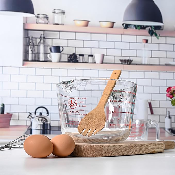 8 Cup Large Glass Measuring Cup - Kitchen Mixing Bowl, Liquid Measure Cups, Glass Bakeware Set, Punch Bowl, Batter Bowl.
