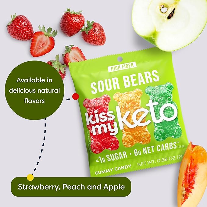 Kiss My Keto Sour Sugar Free Gummy Bears, 16-Pack – Satisfy Cravings while Staying in Ketosis – High Fiber, 6g Net Carbs, Non-GMO, Vegan, & No Gluten – Fruity Sugar Free Gummies