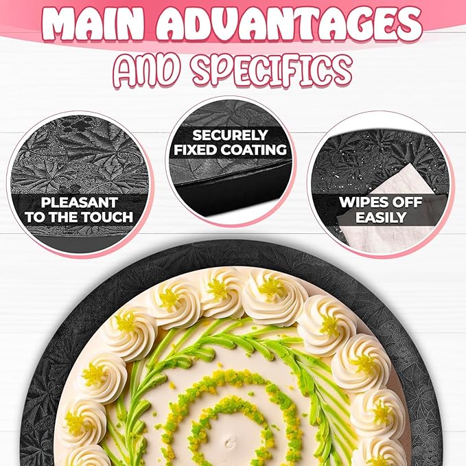 12 Inch Cake Drum - Black Round 12 Inch Cake Boards for Holiday Dessert Presentation, Grease and Moisture Resistant, Thick Durable Material with Fancy Pattern, Great for Christmas Parties & Birthdays