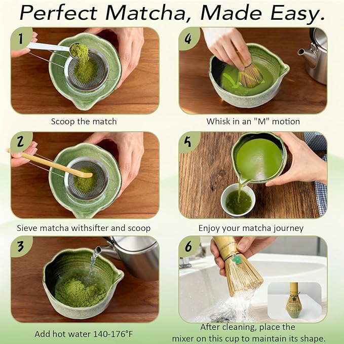 8Pcs Matcha Whisk Set, Matcha Set Includes Ceramic Matcha Bowl, Whisk and Holder, Bamboo Scoop, Scoop Rest, Sifter, Measuring Spoons and Tea Towel Tea Kit Gift Set for Women (Green)