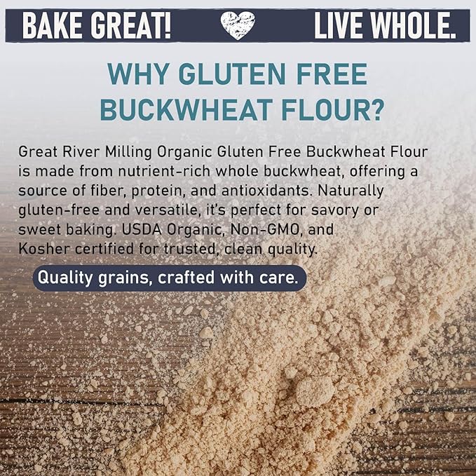 Great River Organic Milling Organic Buckwheat Flour | Gluten Free Flour Alternative | USDA Organic, Non-GMO, Kosher | Ideal for Crepes, Pancakes, Waffles, Baking & More | 5 Lb