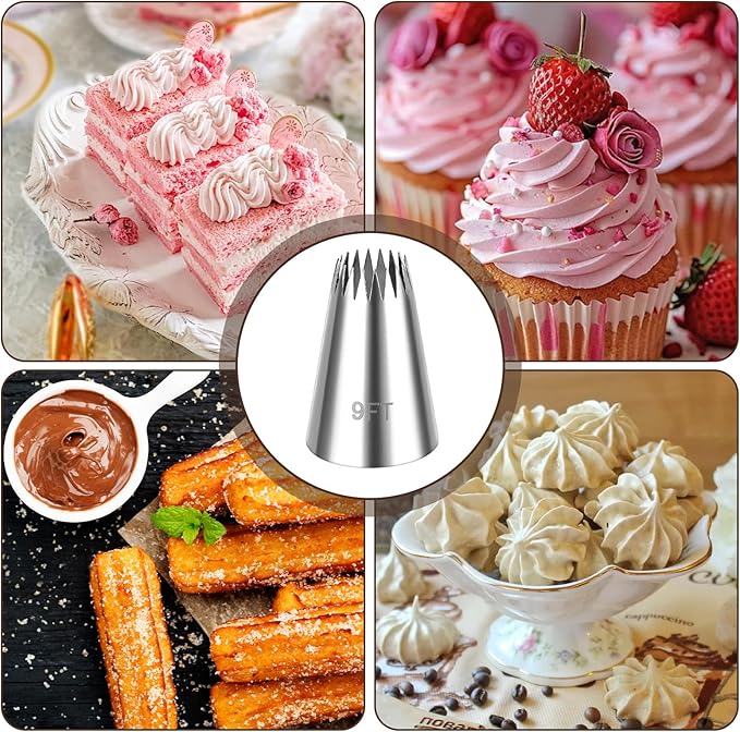 Churro Piping Tips and Bags Set, 3 Pcs Extra Large 9FT Piping Tips with 20 Pcs Disposable Pastry Bags, Stainless Steel Open Star Pastry Tip for Eclair