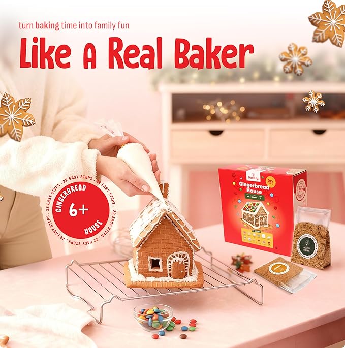Baketivity Baking Kit Holiday Gingerbread House Kit - Bake And Build Edible Gingerbread House - Create a Treat Gingerbread House Kit - Kids Baking Set With Materials And Premeasured Ingredients