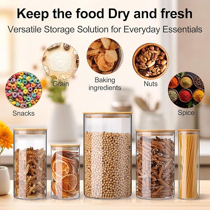 LemonRoad 5 Pack Airtight Glass Storage Jars with Bamboo Lids 152oz/61oz/46oz/25oz/19oz Glass Canisters Sets Food Storage Containers for Flour, Sugar, Rice, Microwave and Freezer Safe