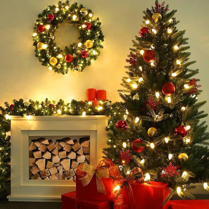 25-Pack Ceramic C9 LED Christmas Light Bulbs, Warm White LED Light Bulbs Holiday Decoration, Warm Christmas Decor for Indoor & Outdoor Use, E17/C9 Intermediate Base (Warm White Smooth)