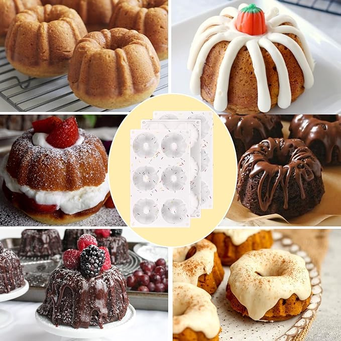 HUAKENER 3 Pcs Mini Fluted Cake Pan, 6-Cavity Fluted Tube Cake Pan, Non-stick Silicone Baking Mold for Cupcakes, Donuts, Muffins, Cornbread, Brownies, Jellies