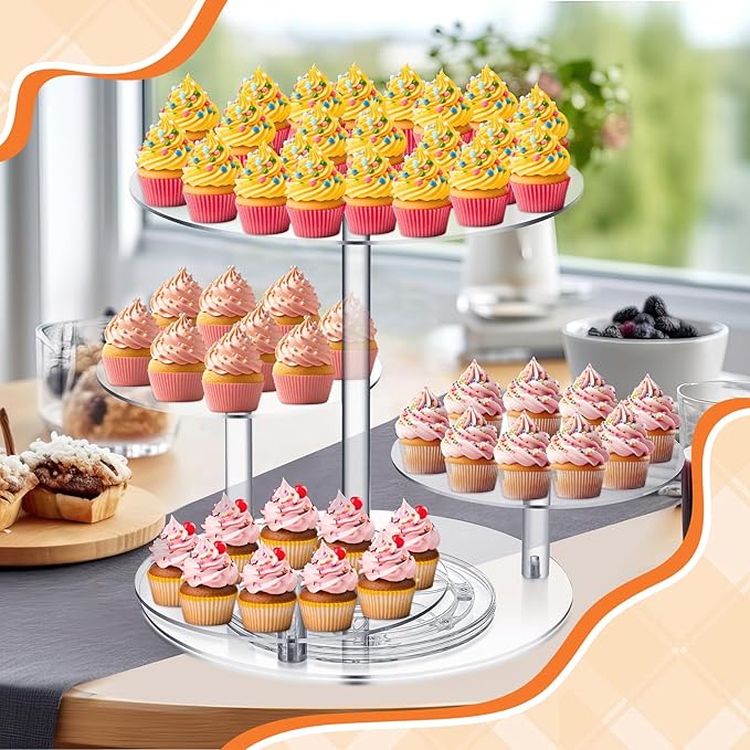 Tiered Cupcake Display Stand Rotatable Cake and Cupcake Tower Stand Combo Clear Acrylic Cake Holder with Tiered Tray for Dessert Pastry Birthday Wedding Party Table(4 Tire and Round)