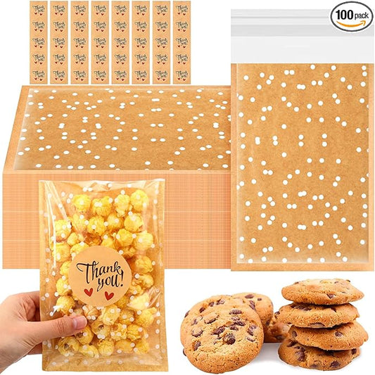 Self Adhesive Cookie Bags Cellophane Polka Dot Treat Bags Small Plastic with Thank You Stickers for Party Gift Giving Bakery Biscuit Candy Pastry(7.48 x 5.12 Inch,Small Dot,100 Pcs)