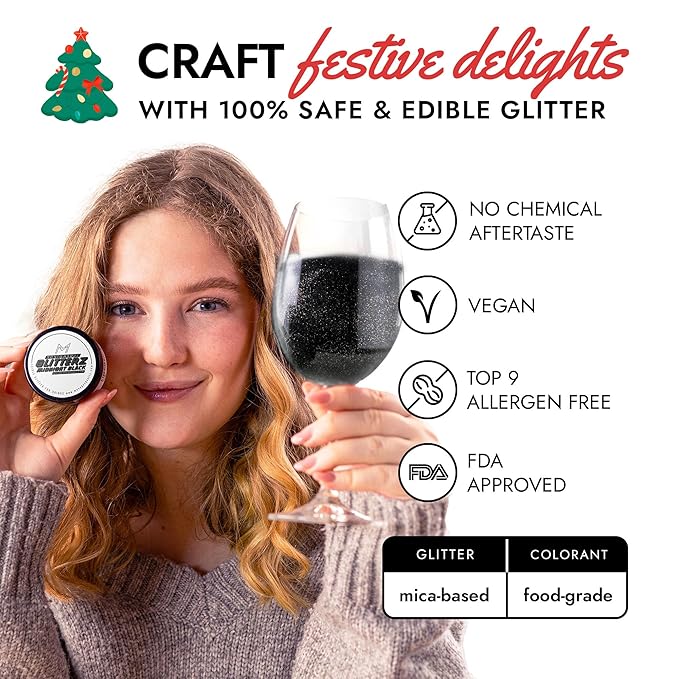 MONÉGASQUE Black Edible Glitter for Drinks 10g – Black Edible Glitter for Cakes & Cocktails – Cocktail & Drink Shimmer Powder – Cupcake Sprinkles Decorating Toppers & Christmas Cake Decorations Spray