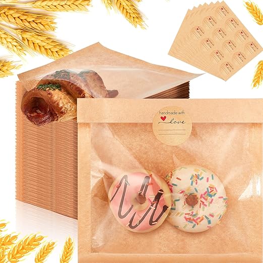 Outus 100 Pcs Cookie Packaging Bags with Seal, 7.1 x 7.5 Inch Bakery Pastry Bags with Window, Heat Sealable Grease Resistant Paper to Go Bake Sleeves for Gift Giving Donut Bread Sandwich (Brown)