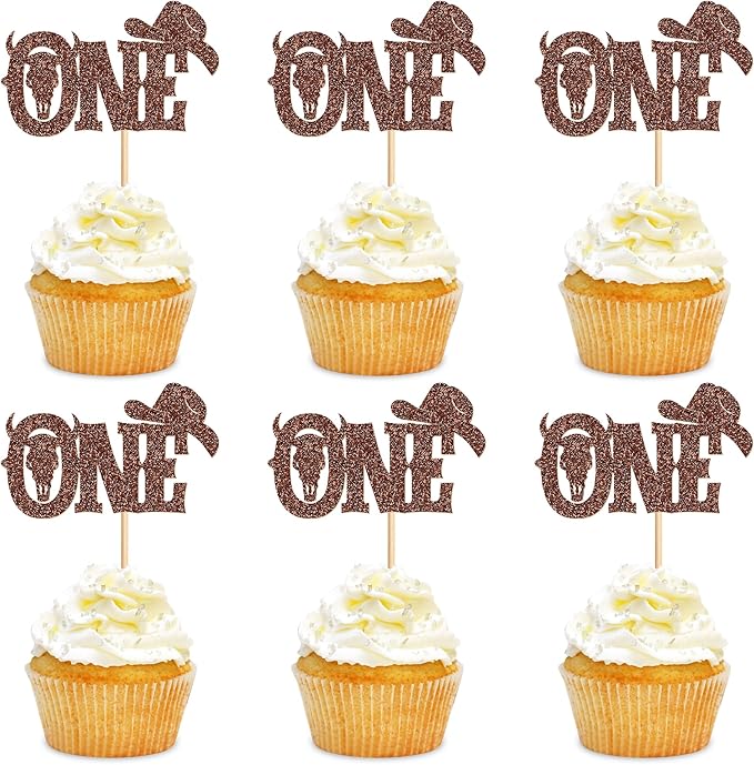 24Pcs Glitter ‘One’ Cowboy Cake Toppers Western Theme Cupcake Picks with Horseshoes Baby Shower Boys Birthday Party Cake Decorations Supplies