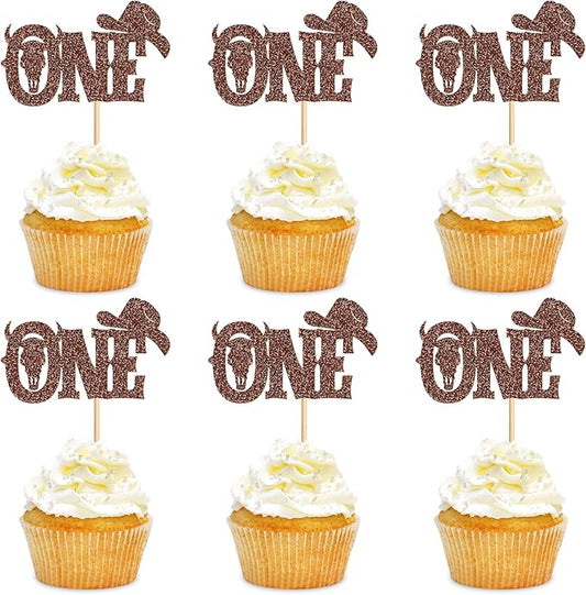 24Pcs Glitter ‘One’ Cowboy Cake Toppers Western Theme Cupcake Picks with Horseshoes Baby Shower Boys Birthday Party Cake Decorations Supplies