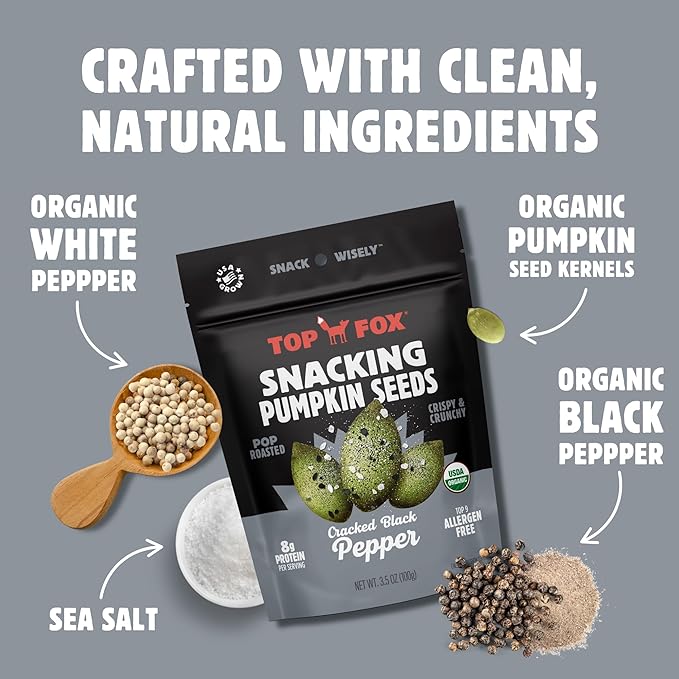 Top Fox Snacks - Organic Pop-Roasted Pumpkin Seeds | Healthy Protein Snacks - Gluten Free - Keto and Vegan Friendly (Cracked Black Pepper, 3.5 oz - 2 Pack)