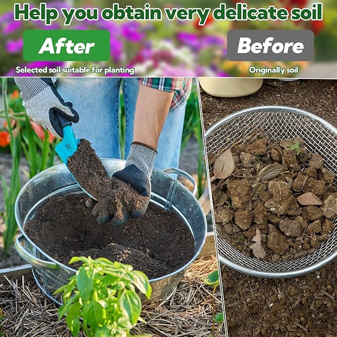 3PCS Soil Sifter for Gardening, Rock Sifter for 5 Gallon Bucket, Compost Dirt Sieve Set with Gloves – Filters Soil, Sawdust, Pebbles, Debris