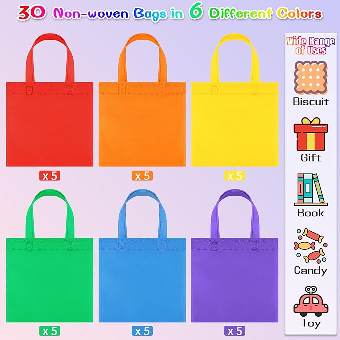 Aneco 30 Pieces Non-Woven Goodie Bags 8×8 Inch Party Favor Gift Bag Reusable Rainbow Cloth Bag for Birthday Party Baby Shower Wedding