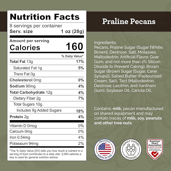 HUDSON PECAN COMPANY: Praline Roasted Georgia Pecans | Candied Gourmet Delight, Irresistible Southern Sweetness (Perfect for Snacking, Baking, Salads, Desserts, Gifting & More), 8 oz Resealable Pouch