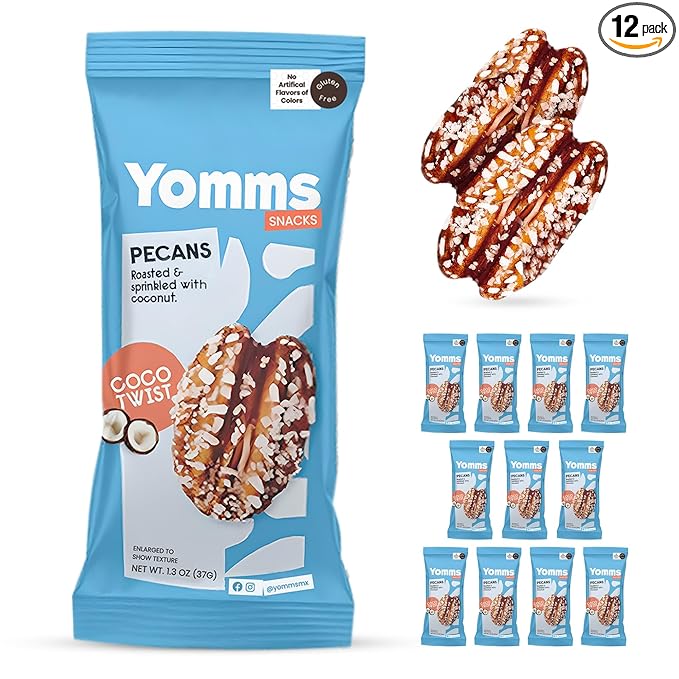 Yomms Coco Twist Pecans Halves – Low Sugar Healthy Dessert Snack | Sweet Coconut & Crunchy Pecan Snack | Lightly Sweetened, Honey Roasted Mixed Nuts | Great for Snacking, Salads - 1.3oz - Pack of 12
