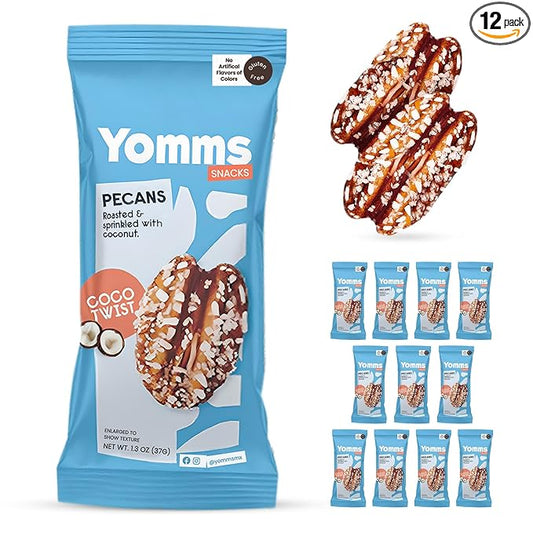 Yomms Coco Twist Pecans Halves – Low Sugar Healthy Dessert Snack | Sweet Coconut & Crunchy Pecan Snack | Lightly Sweetened, Honey Roasted Mixed Nuts | Great for Snacking, Salads - 1.3oz - Pack of 12