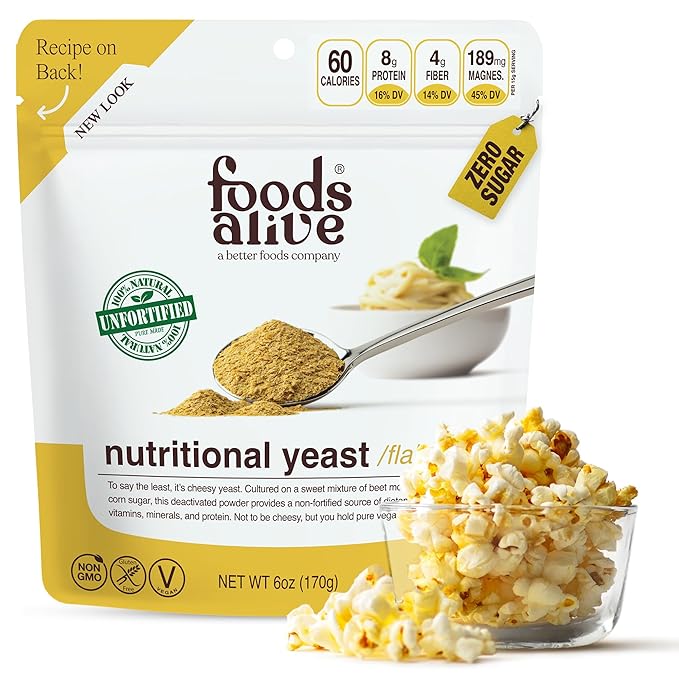 Foods Alive Unfortified Nutritional Yeast Flakes - Vegan, Gluten-Free, Non-GMO - Dairy Free Cheese Substitute & Nutritional Yeast Powder Seasoning - High Protein & Fiber - No Synthetic Additives, 6 oz