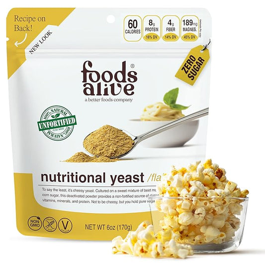 Foods Alive Unfortified Nutritional Yeast Flakes - Vegan, Gluten-Free, Non-GMO - Dairy Free Cheese Substitute & Nutritional Yeast Powder Seasoning - High Protein & Fiber - No Synthetic Additives, 6 oz