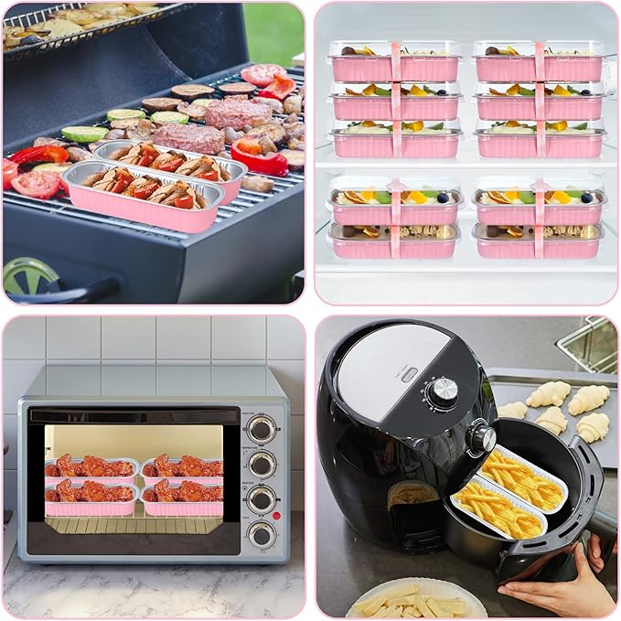 Mini Loaf Pans with Lids and Spoons (100 Pack, Pink, 6.8oz) Rectangular Aluminum Foil Baking Pans