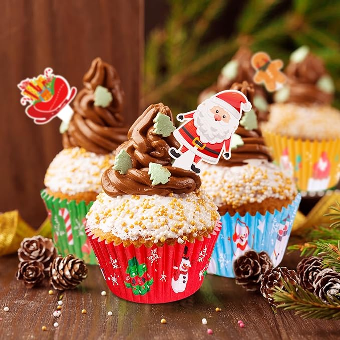 Christmas Cupcake Liners with Toppers Picks, Standard Wrappers Cupcake Disposable Baking Cups Muffin Liners for Xmas Holiday Party Favors, Party Decorations for Christmas Baking Supplies