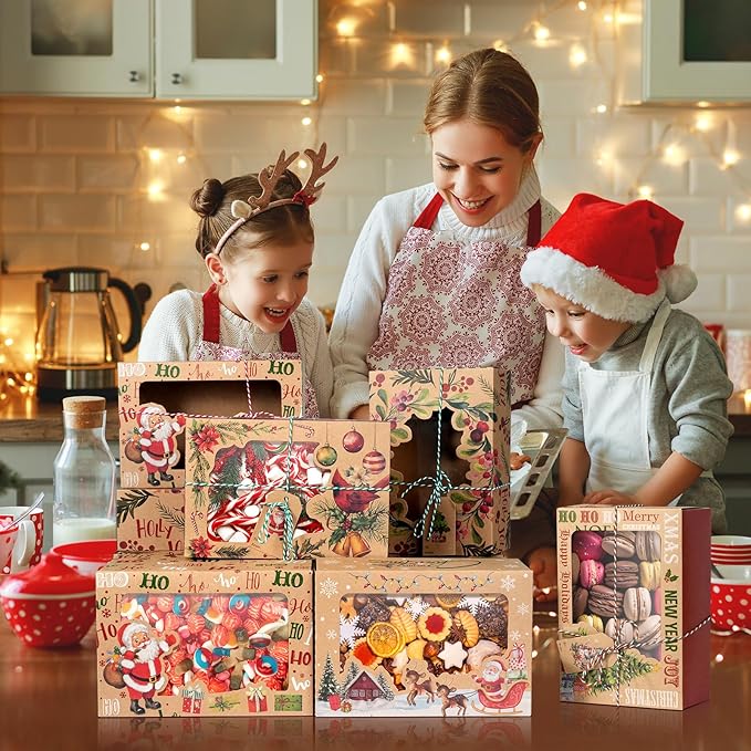 Zachely 24 Christmas Cookie Boxes, Bulk Large Christmas Kraft Paper Treat Boxes with Tags & Ribbons, 6 Styles Holiday Cookie Boxes for Gift Giving, Xmas Cookie Tins with Lids for Cake, Bakery, Donuts