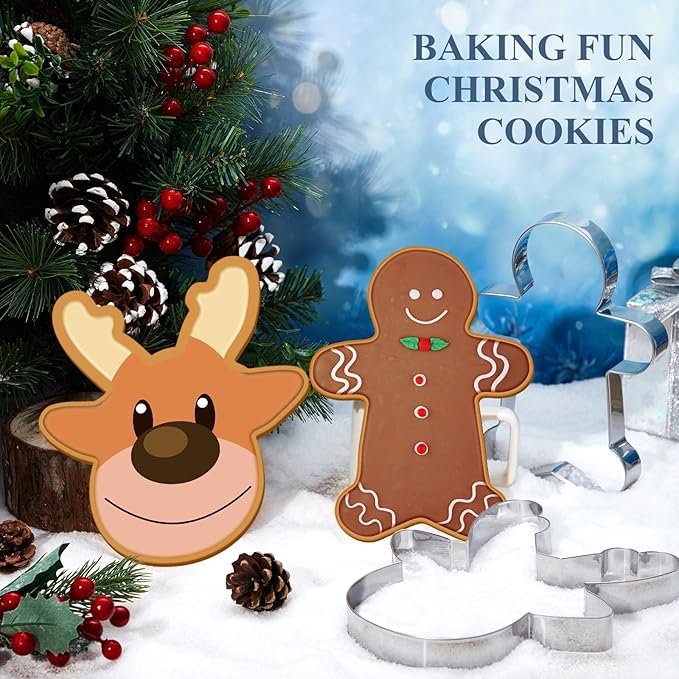 2 Pcs Large Christmas Cookie Cutters 8" Extra Large Gingerbread Man and Reindeer Face Stainless Steel Giant Cookie Cutter for Christmas Xmas Holiday Baking