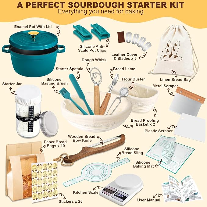 Upgraded Sourdough Starter Kit with Pot, Sourdough Bread Baking Supplies incl. 34 Oz Starter Jar, 2 Banneton Bread Proofing Baskets, Scraper, Scale, Lame, Dough Whisk, Sour Sough Tools