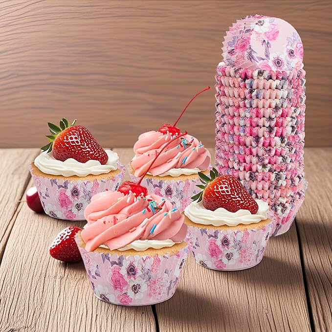 Floral Standard Cupcake Liners 400 Count Paper Baking Cups Food Grade Disposable Cupcake Wrappers, Pink