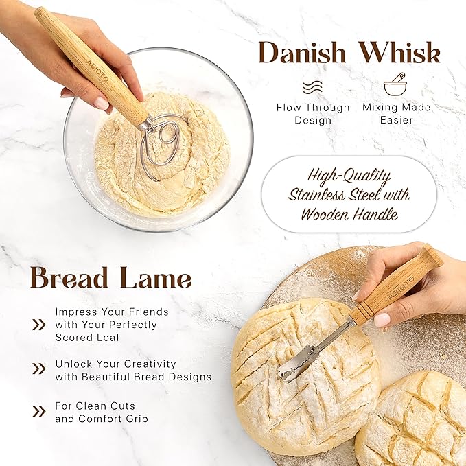 Sourdough Bread Baking Supplies and Starter Kit - Ultimate Bread Making and Sourdough Starter Kit with Proofing Baskets, Sourdough Jar, Bread Lame, Scrapers and Danish Whisk