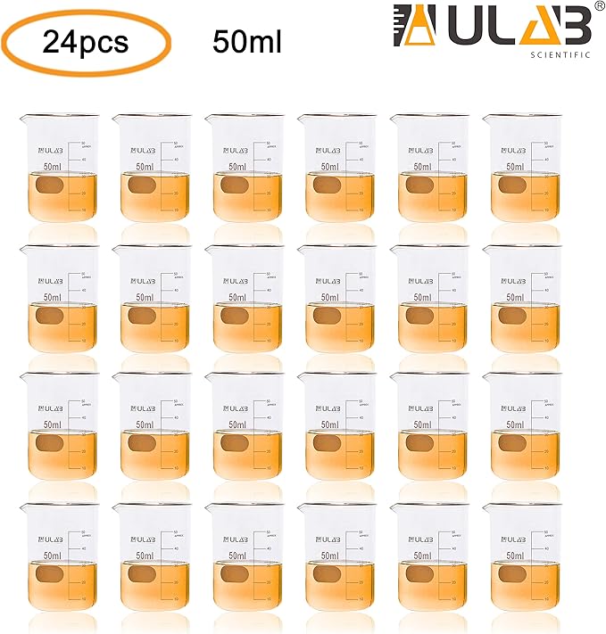 ULAB Scientific Glass Beakers, Vol. 50ml, 3.3 Borosilicate Griffin Low Form with Printed Graduation, Pack of 24, UBG1030