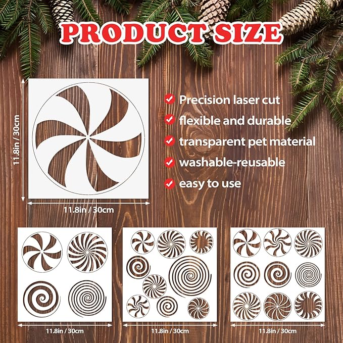 4 Pcs Christmas Stencils for Painting Christmas Candy Stencils Template Plastic Reusable Peppermint Candy Stencils on Wood for Christmas Decor Fabric Canvas DIY Home Decor 12x 12inch
