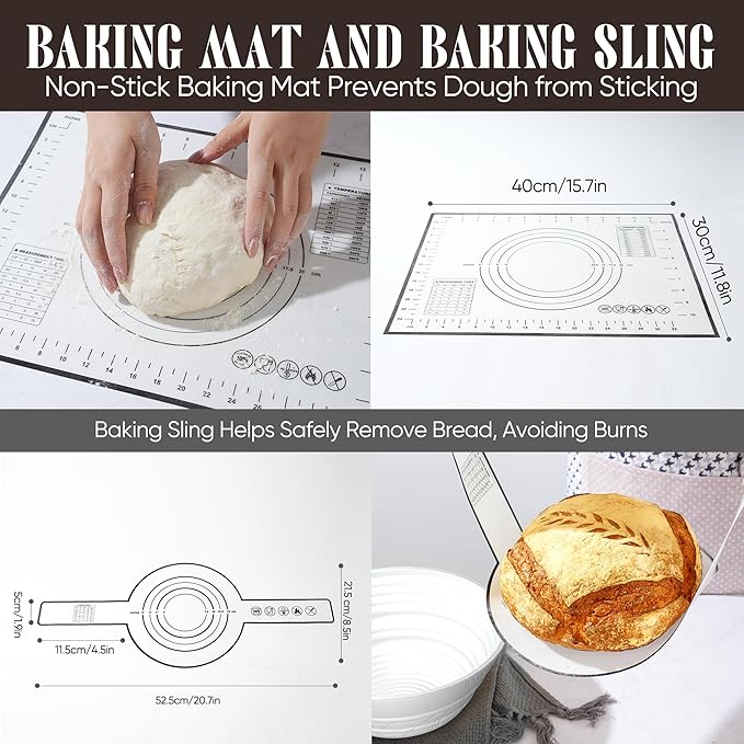 Sourdough Starter Kit with Jar – Complete Sourdough Bread Baking Supplies for Beginners, Includes 2 Silicone Proofing Baskets Baking Mat Sour Dough Kit - Gray