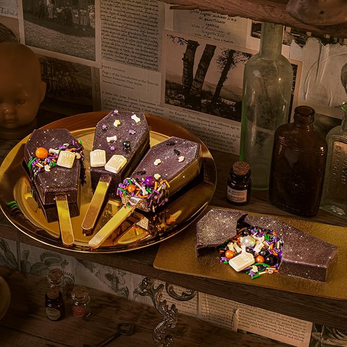 Fancy Sprinkles Elvira Coffin Cakesicle Mold, 4 Cavities Reusable Silicone, For Baking & Dessert Decorating, Includes 8 Dual-Sided Metallic Acrylic Sticks (10 ¼” x ⅞” x 6 ⅜”)