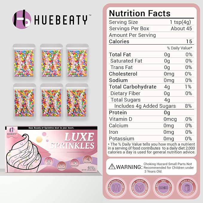 HUEBEATY 6-in-1 Neon Rainbow Confetti Sprinkles Bulk – 180g/6.35oz Star & Round Edible Sprinkles for Cake Decorating, Cupcakes, Cookies, Ice Cream & Desserts – Colorful Party, Easter & Birthday Cake Sprinkles and Topping Decorations
