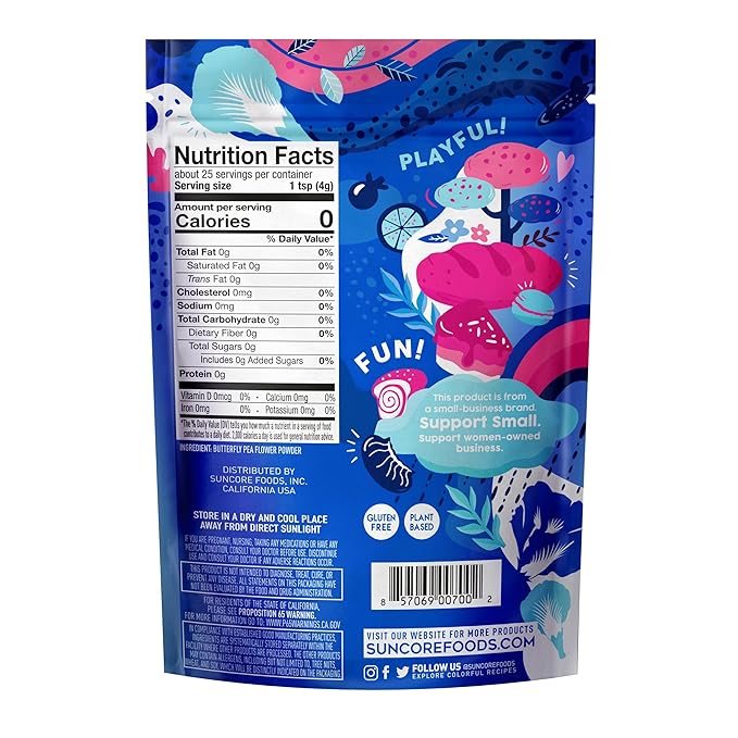 Suncore Foods Blue Butterfly Pea Powder, Blue Food Coloring Powder, Gluten-Free, Non-GMO, 3.5oz (2 Pack)