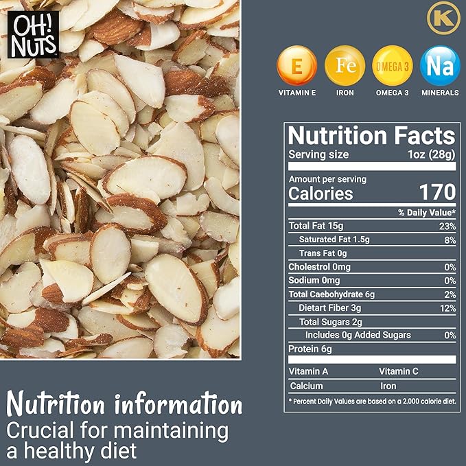 Oh! Nuts Almonds Natural Sliced - Raw - 100% Natural - 2 lb - High-Protein Almond Slices - Packed in New York Zip-Seal Bag for Exceptional Freshness