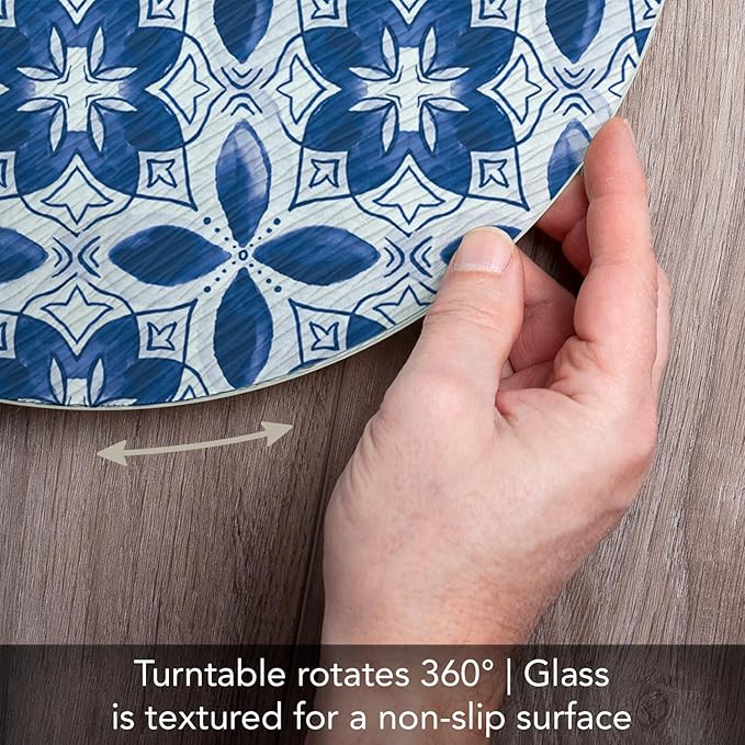 CounterArt Blue Pattern 4mm Tempered Glass Lazy Susan Turntable 13" Diameter Condiment Caddy Cake Plate Pizza Server