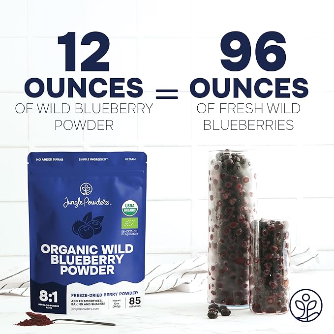 Jungle Powders Wild Blueberry Powder Organic 12 Ounce Bag USDA Certified - Antioxidant Rich Smoothies Freeze Dried Blueberries Organic Blueberry Extract for Baking from Whole Dried Blueberries
