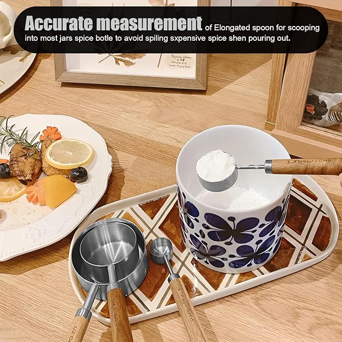 SHIKORI Gold Measuring Cups and Spoons Set with Wood Handles, Premium Stainless Steel Measuring Spoons and Measuring Cups Set, For Cooking and Baking in the Kitchen-Silver-4Cups