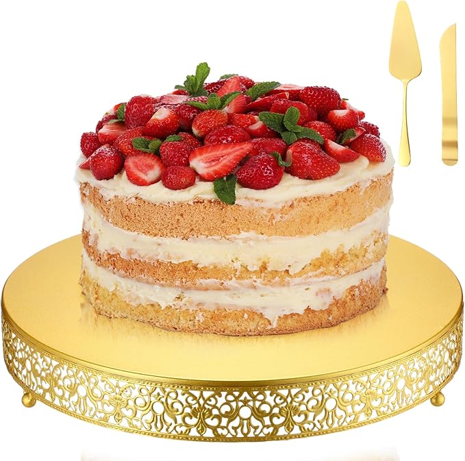 Wenqik 16 Inch Gold Cake Stand Set Metal Round Cupcake Dessert Stand with Cake Cutting, Spatula Cupcake Pastry Display Candy Holder Table Display for Wedding Party Birthday Baby Showers Anniversary