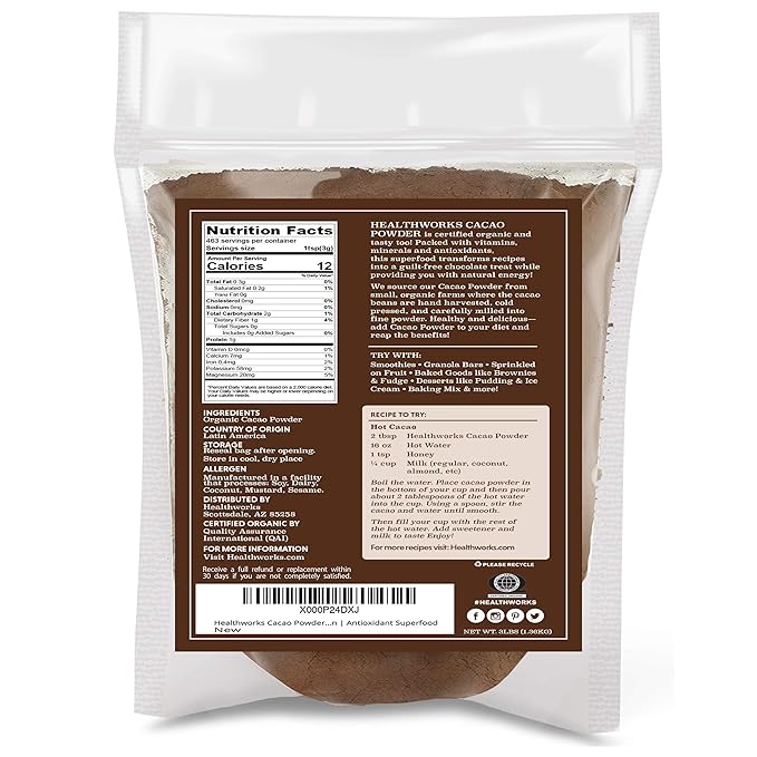 Healthworks Superfoods Organic Cacao Powder - 48 Oz / 3 Lbs - Cocoa Chocolate Substitute - Rich Choclate Flavour - Sugar-Free, Keto, Vegan & Non-GMO - Peruvian Bean/Nut Origin - Antioxidant Superfood