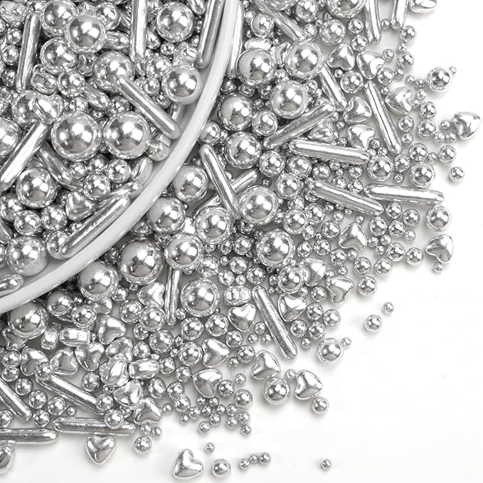 Edible Silver Pearl Heart Rods Sprinkles, Mix Size, Silver Pearl Sprinkles for cupcake decorating, Cupcake Toppers Cake Decorations, 130g/4.58oz