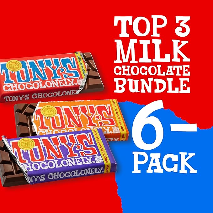 Tony's Chocolonely - Top 3 Milk Chocolate Bundle - Belgium Chocolate Halloween Candy Bar, No Artificial Flavoring, Fairtrade & B Corp Certified - 6.35 Oz, 6 Bars